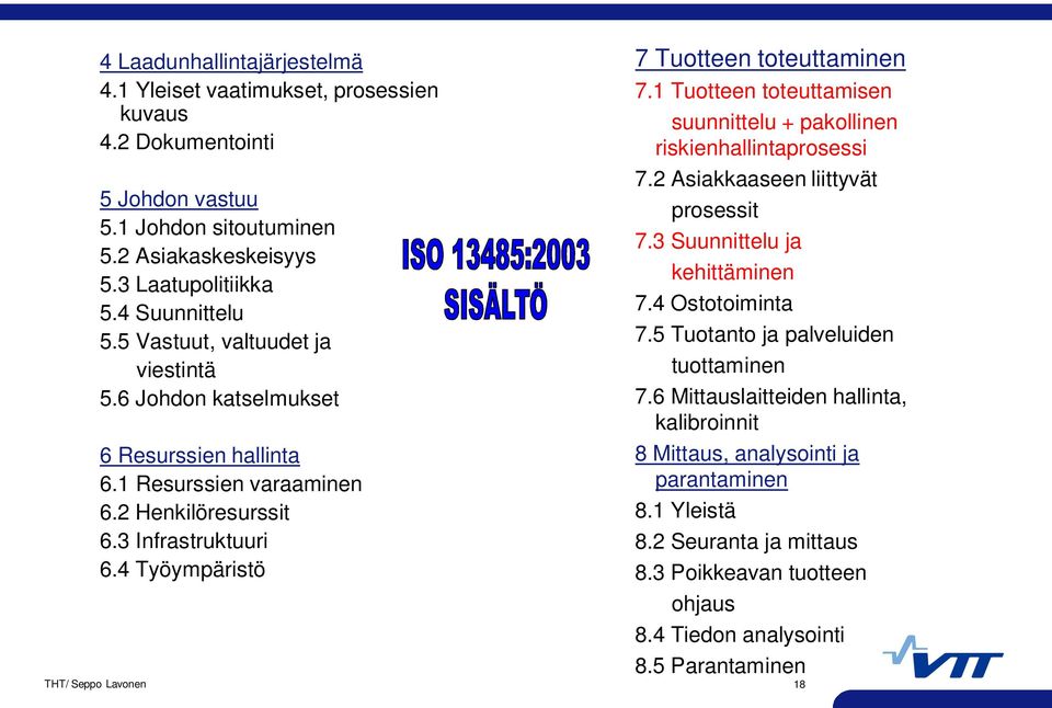 1 Tuotteen toteuttamisen suunnittelu + pakollinen riskienhallintaprosessi 7.2 Asiakkaaseen liittyvät prosessit 7.3 Suunnittelu ja kehittäminen 7.4 Ostotoiminta 7.