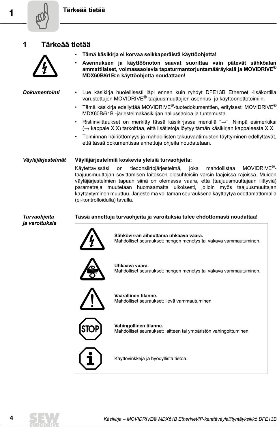 Dokumentointi Lue käsikirja huolellisesti läpi ennen kuin ryhdyt DFE13B Ethernet -lisäkortilla varustettujen MOVIDRIVE -taajuusmuuttajien asennus- ja käyttöönottotoimiin.