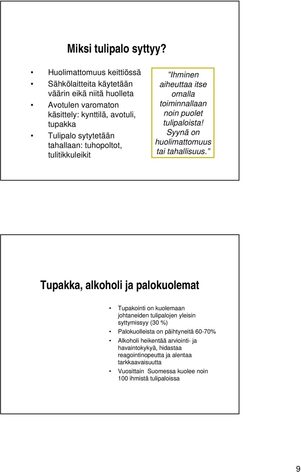 tahallaan: tuhopoltot, tulitikkuleikit Ihminen aiheuttaa itse omalla toiminnallaan noin puolet tulipaloista! Syynä on huolimattomuus tai tahallisuus.