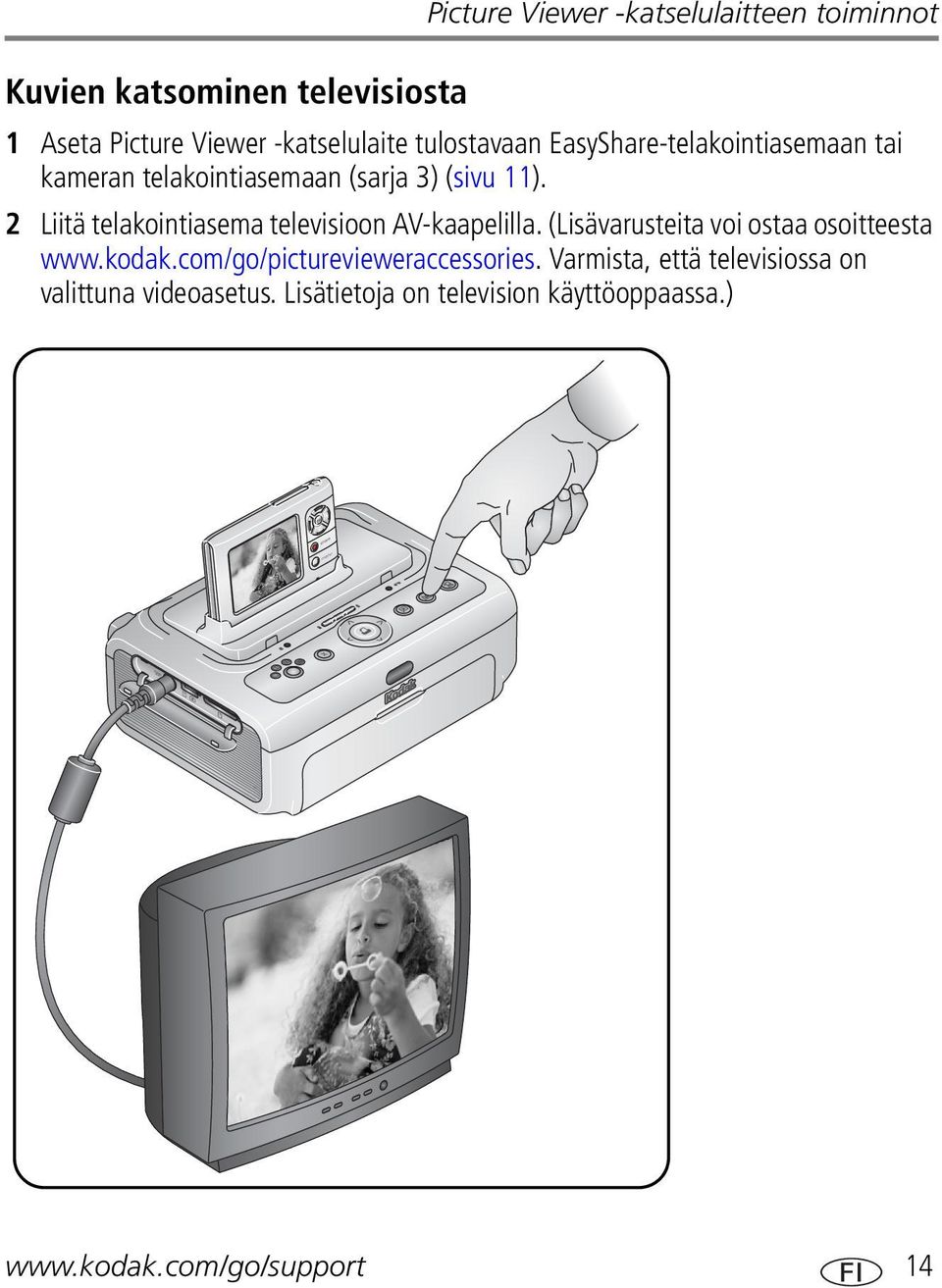 2 Liitä telakointiasema televisioon AV-kaapelilla. (Lisävarusteita voi ostaa osoitteesta www.kodak.