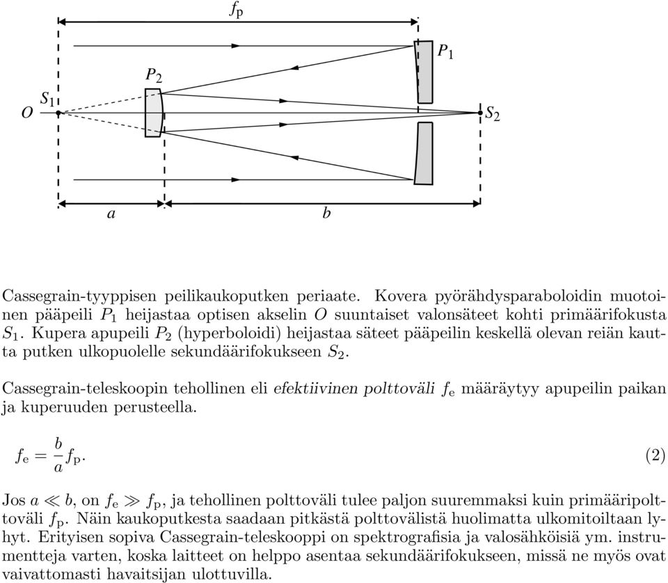 Kupera apupeili P 2 (hyperboloidi) heijastaa säteet pääpeilin keskellä olevan reiän kautta putken ulkopuolelle sekundäärifokukseen S 2.