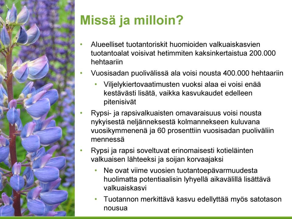 nykyisestä neljänneksestä kolmannekseen kuluvana vuosikymmenenä ja prosenttiin vuosisadan puoliväliin mennessä Rypsi ja rapsi soveltuvat erinomaisesti kotieläinten valkuaisen