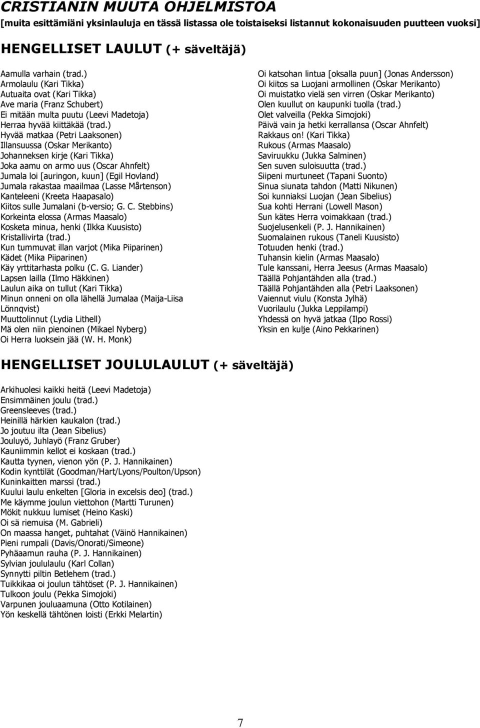 ) Hyvää matkaa (Petri Laaksonen) Illansuussa (Oskar Merikanto) Johanneksen kirje (Kari Tikka) Joka aamu on armo uus (Oscar Ahnfelt) Jumala loi [auringon, kuun] (Egil Hovland) Jumala rakastaa maailmaa