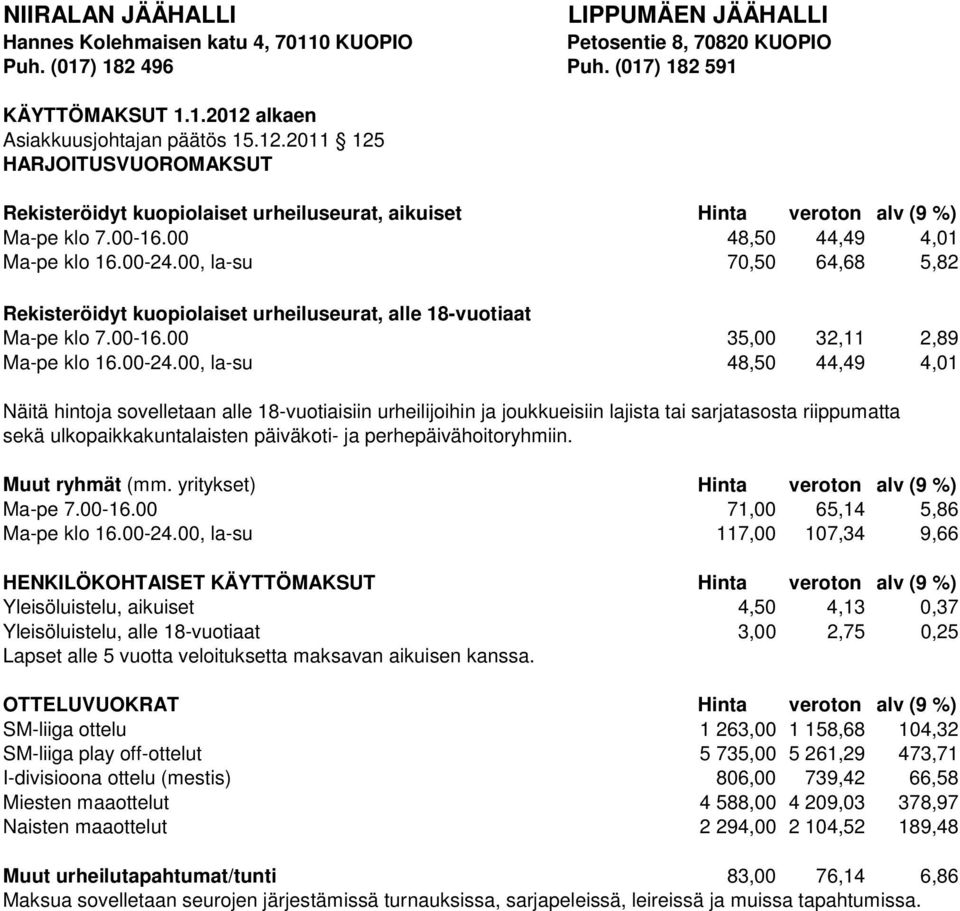 00, la-su 70,50 64,68 5,82 Rekisteröidyt kuopiolaiset urheiluseurat, alle 18-vuotiaat Ma-pe klo 7.00-16.00 35,00 32,11 2,89 Ma-pe klo 16.00-24.