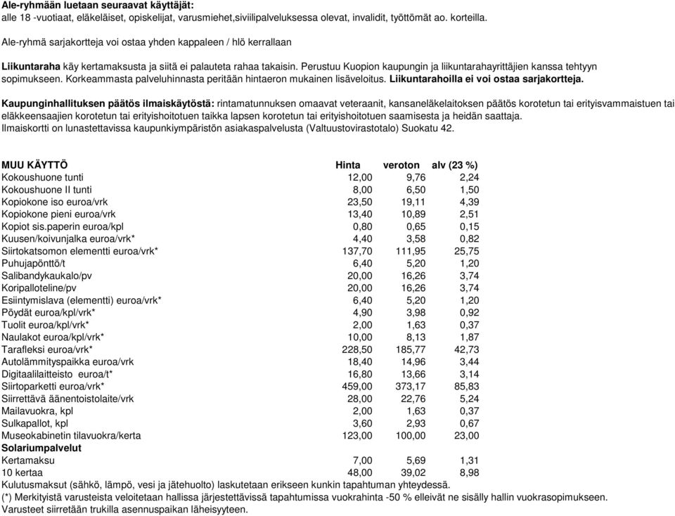 Perustuu Kuopion kaupungin ja liikuntarahayrittäjien kanssa tehtyyn sopimukseen. Korkeammasta palveluhinnasta peritään hintaeron mukainen lisäveloitus. Liikuntarahoilla ei voi ostaa sarjakortteja.