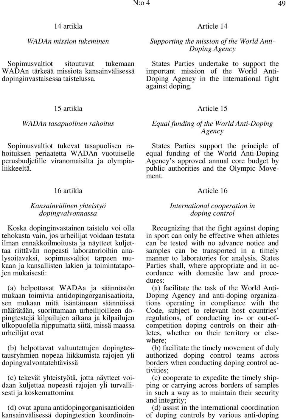15 artikla WADAn tasapuolinen rahoitus Sopimusvaltiot tukevat tasapuolisen rahoituksen periaatetta WADAn vuotuiselle perusbudjetille viranomaisilta ja olympialiikkeeltä.