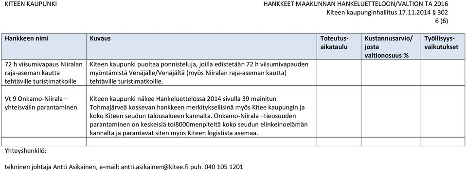 Vt 9 Onkamo-Niirala yhteisvälin parantaminen Kiteen kaupunki näkee Hankeluettelossa 2014 sivulla 39 mainitun Tohmajärveä koskevan hankkeen merkityksellisinä myös Kitee kaupungin ja