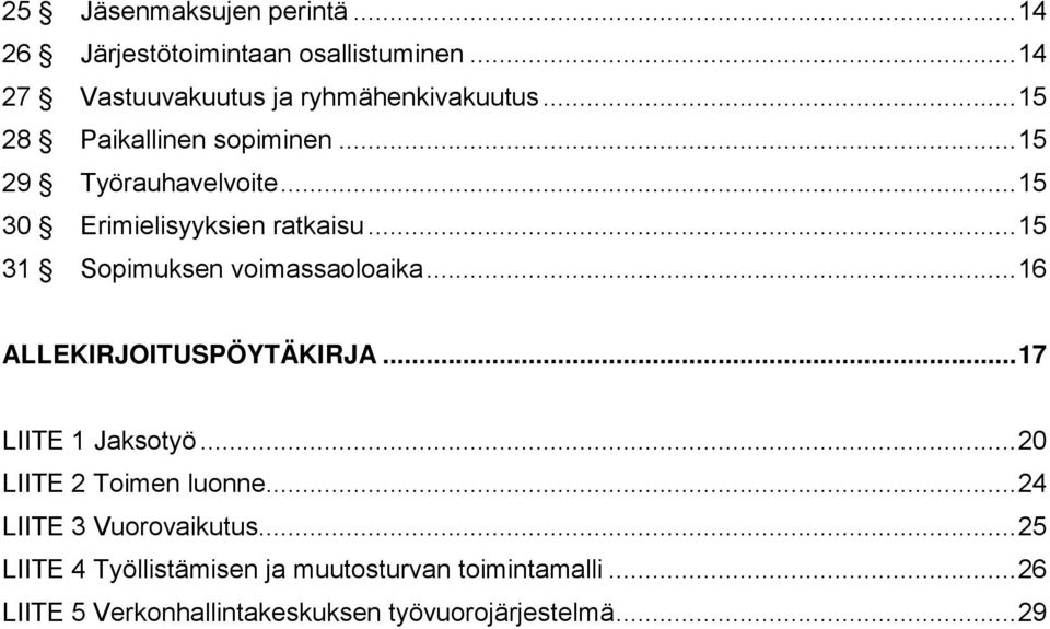 .. 15 31 Sopimuksen voimassaoloaika... 16 ALLEKIRJOITUSPÖYTÄKIRJA... 17 LIITE 1 Jaksotyö... 20 LIITE 2 Toimen luonne.