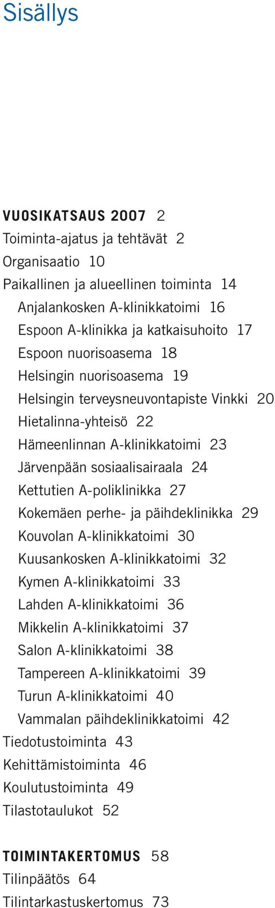 Kokemäen perhe- ja päihdeklinikka 29 Kouvolan A-klinikkatoimi 30 Kuusankosken A-klinikkatoimi 32 Kymen A-klinikkatoimi 33 Lahden A-klinikkatoimi 36 Mikkelin A-klinikkatoimi 37 Salon A-klinikkatoimi