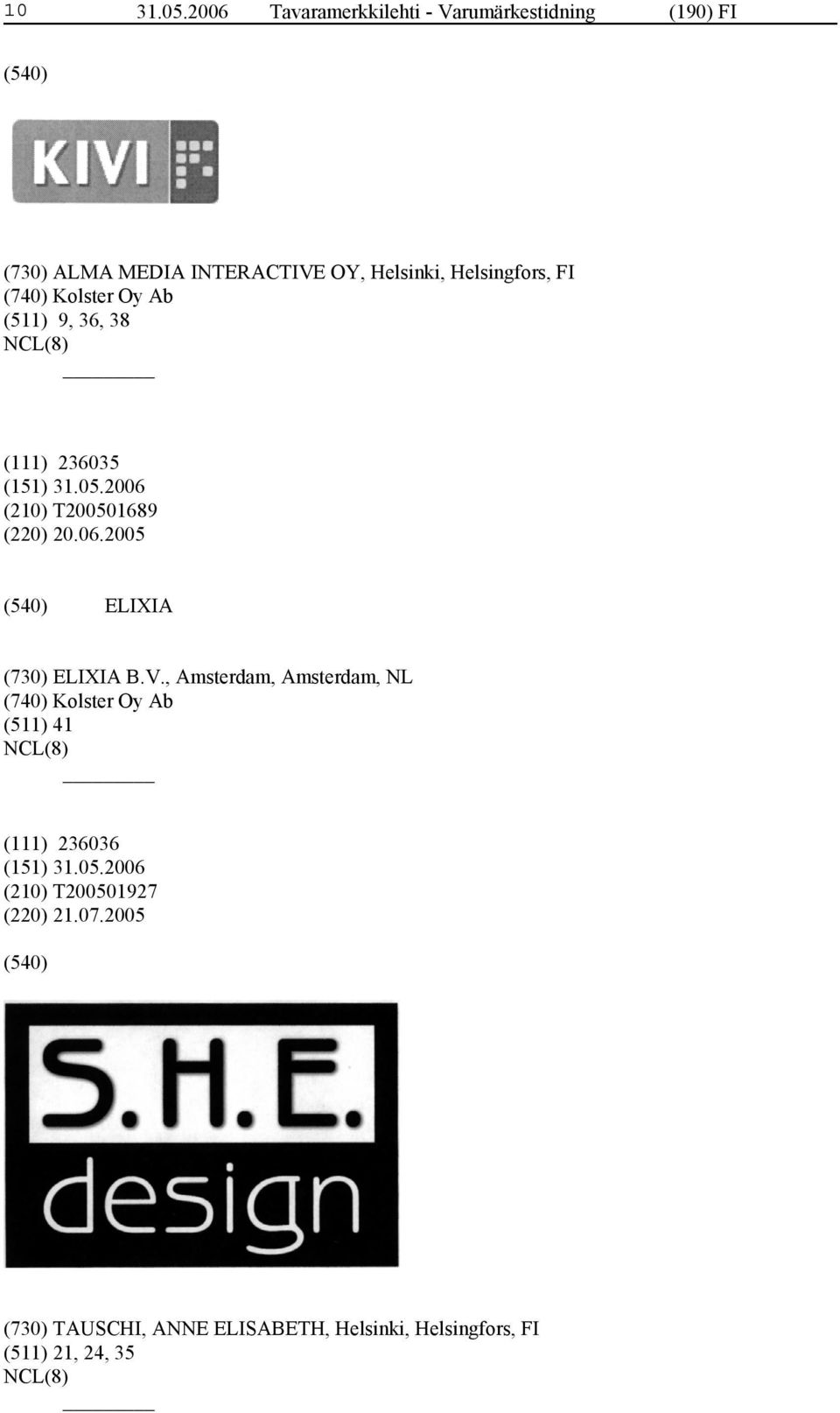 Helsingfors, FI (740) Kolster Oy Ab (511) 9, 36, 38 (111) 236035 (210) T200501689 (220) 20.06.