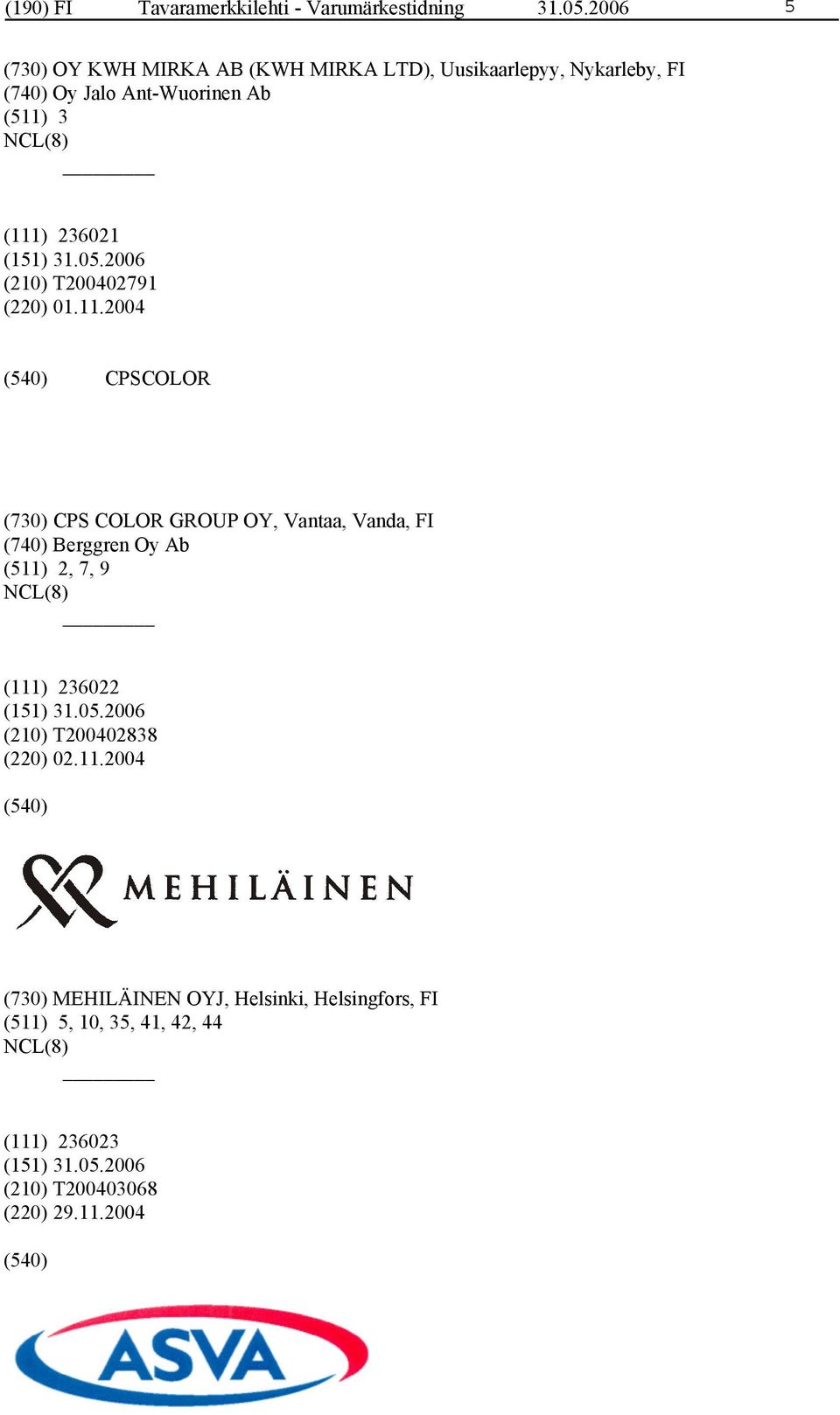 (111) 236021 (210) T200402791 (220) 01.11.2004 CPSCOLOR (730) CPS COLOR GROUP OY, Vantaa, Vanda, FI (740) Berggren Oy