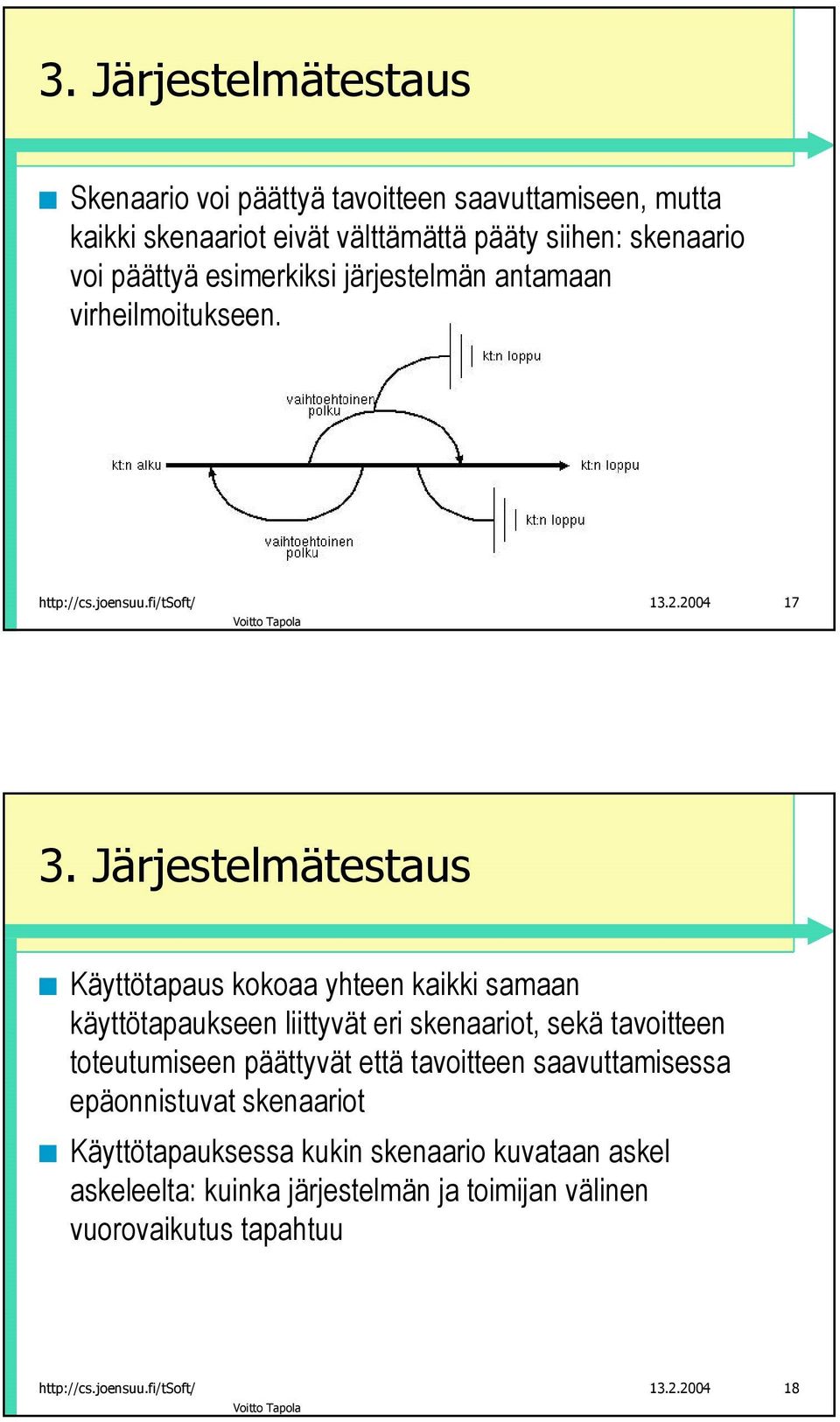 Järjestelmätestaus Käyttötapaus kokoaa yhteen kaikki samaan käyttötapaukseen liittyvät eri skenaariot, sekä tavoitteen toteutumiseen päättyvät että