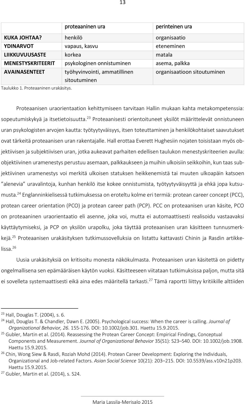 työhyvinvointi, ammatillinen sitoutuminen organisaatioon sitoutuminen Proteaanisen uraorientaation kehittymiseen tarvitaan Hallin mukaan kahta metakompetenssia: sopeutumiskykyä ja itsetietoisuutta.