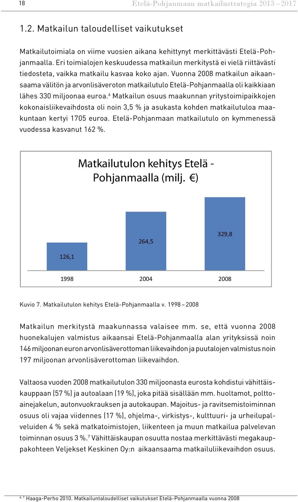 Vuonna 2008 matkailun aikaansaama välitön ja arvonlisäveroton matkailutulo Etelä-Pohjanmaalla oli kaikkiaan lähes 330 miljoonaa euroa.