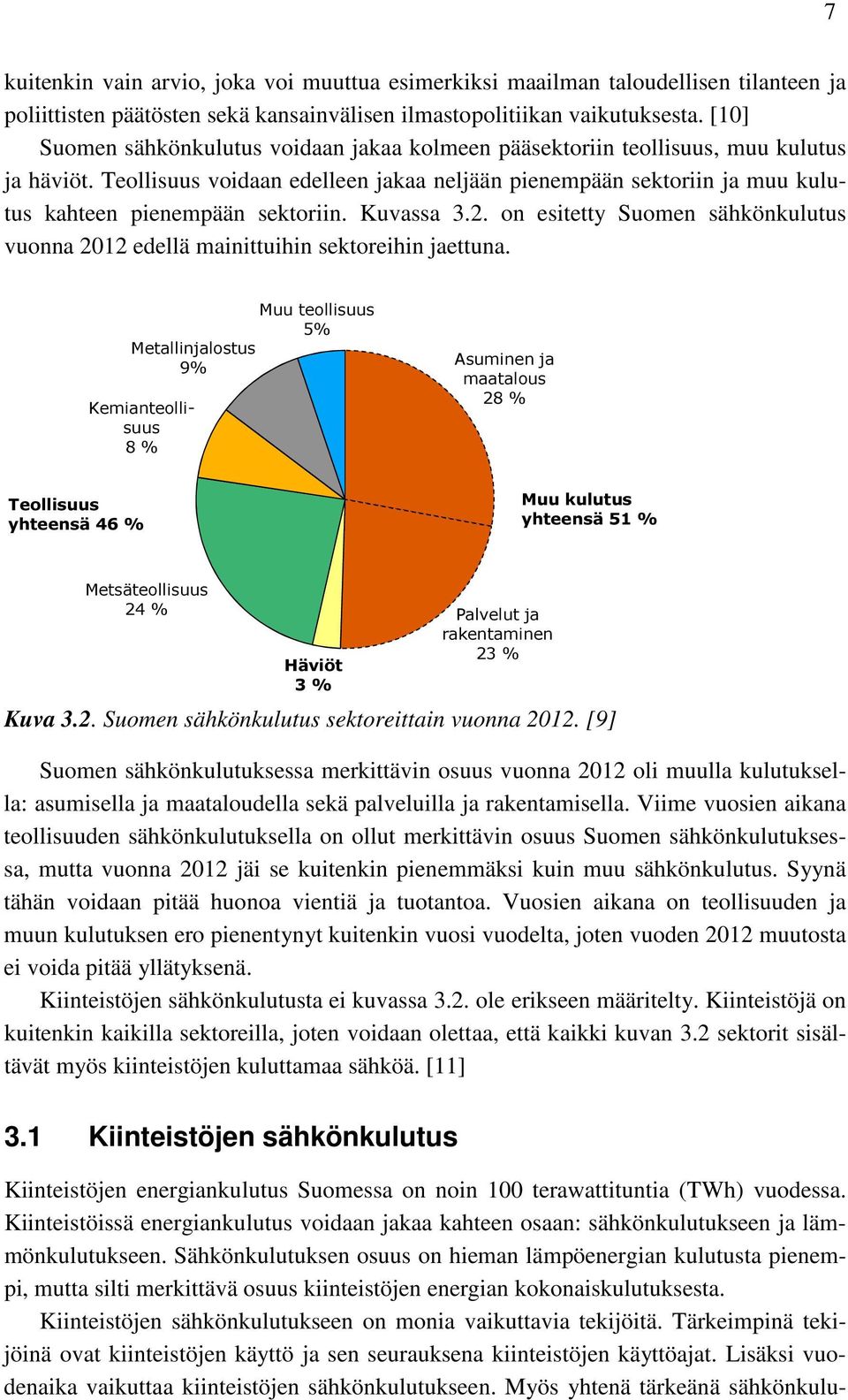 Teollisuus voidaan edelleen jakaa neljään pienempään sektoriin ja muu kulutus kahteen pienempään sektoriin. Kuvassa 3.2.