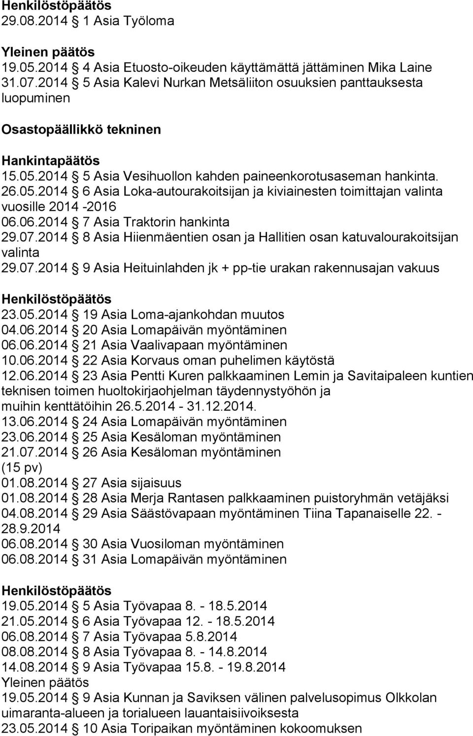 2014 5 Asia Vesihuollon kahden paineenkorotusaseman hankinta. 26.05.2014 6 Asia Loka-autourakoitsijan ja kiviainesten toimittajan valinta vuosille 2014-2016 06.06.2014 7 Asia Traktorin hankinta 29.07.