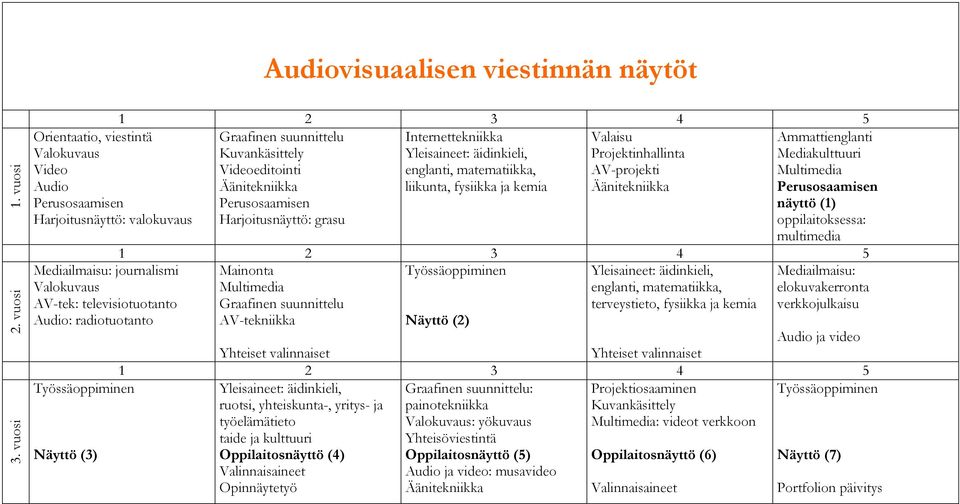 äidinkieli, Projektinhallinta Mediakulttuuri Videoeditointi englanti, matematiikka, AV-projekti Multimedia Äänitekniikka liikunta, fysiikka ja kemia Äänitekniikka Perusosaamisen Perusosaamisen näyttö