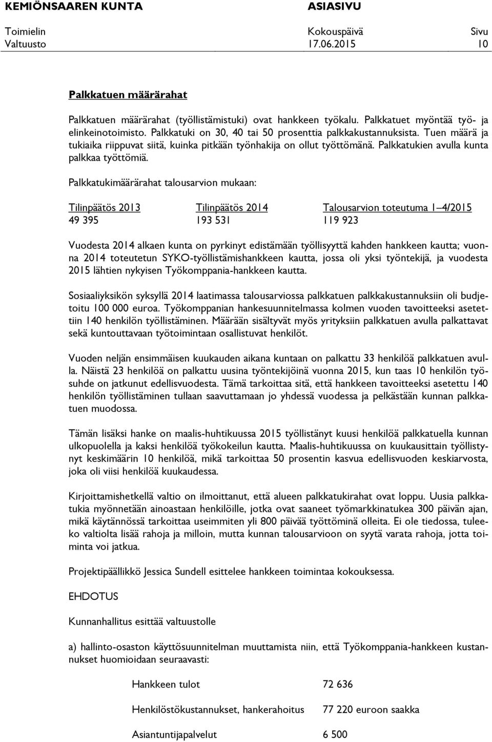 Palkkatukimäärärahat talousarvion mukaan: Tilinpäätös 2013 Tilinpäätös 2014 Talousarvion toteutuma 1 4/2015 49 395 193 531 119 923 Vuodesta 2014 alkaen kunta on pyrkinyt edistämään työllisyyttä