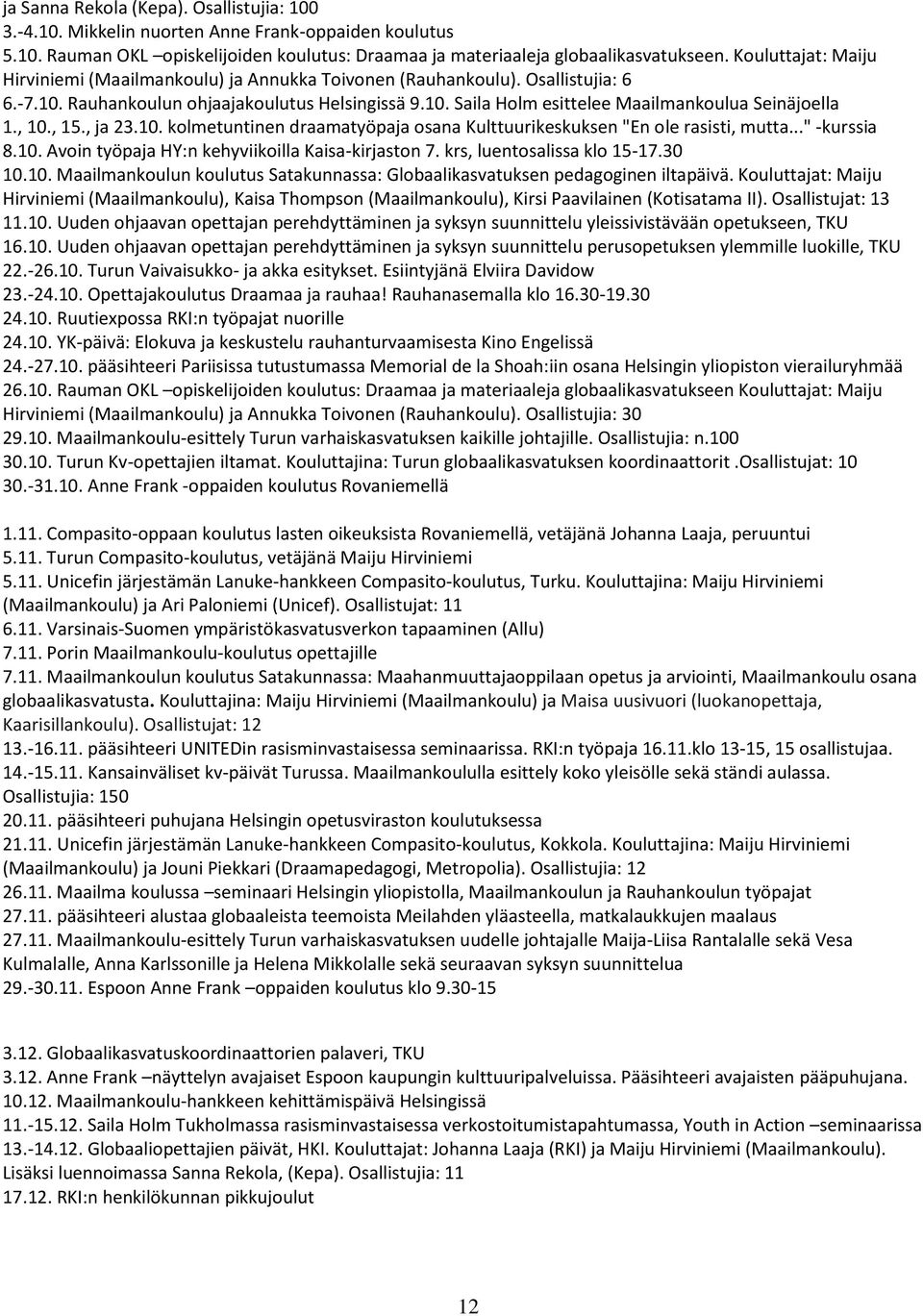 , 10., 15., ja 23.10. kolmetuntinen draamatyöpaja osana Kulttuurikeskuksen "En ole rasisti, mutta..." -kurssia 8.10. Avoin työpaja HY:n kehyviikoilla Kaisa-kirjaston 7. krs, luentosalissa klo 15-17.