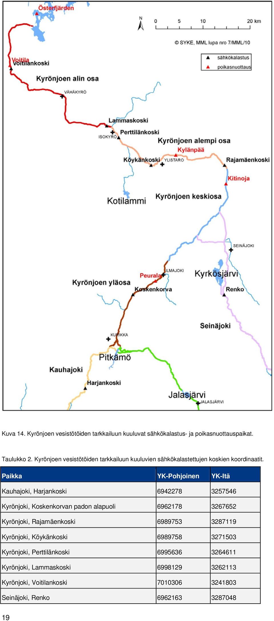 Paikka YK-Pohjoinen YK-Itä Kauhajoki, Harjankoski 6942278 3257546 Kyrönjoki, Koskenkorvan padon alapuoli 6962178 3267652 Kyrönjoki,