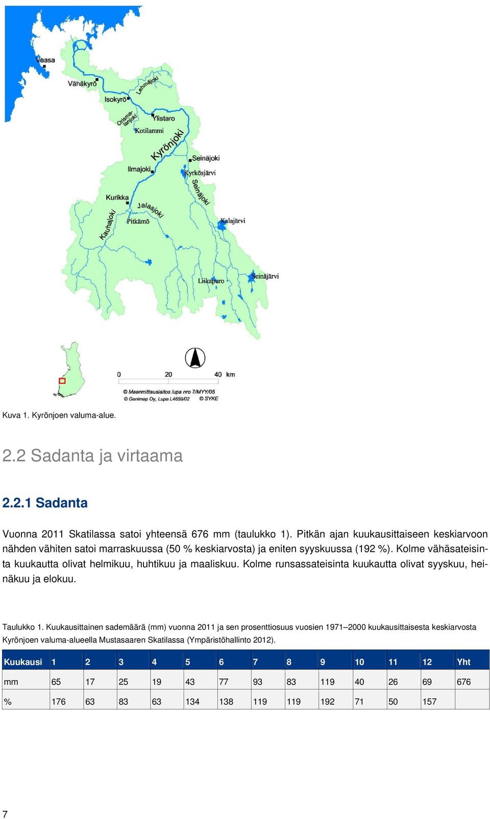 Kolme vähäsateisinta kuukautta olivat helmikuu, huhtikuu ja maaliskuu. Kolme runsassateisinta kuukautta olivat syyskuu, heinäkuu ja elokuu. Taulukko 1.