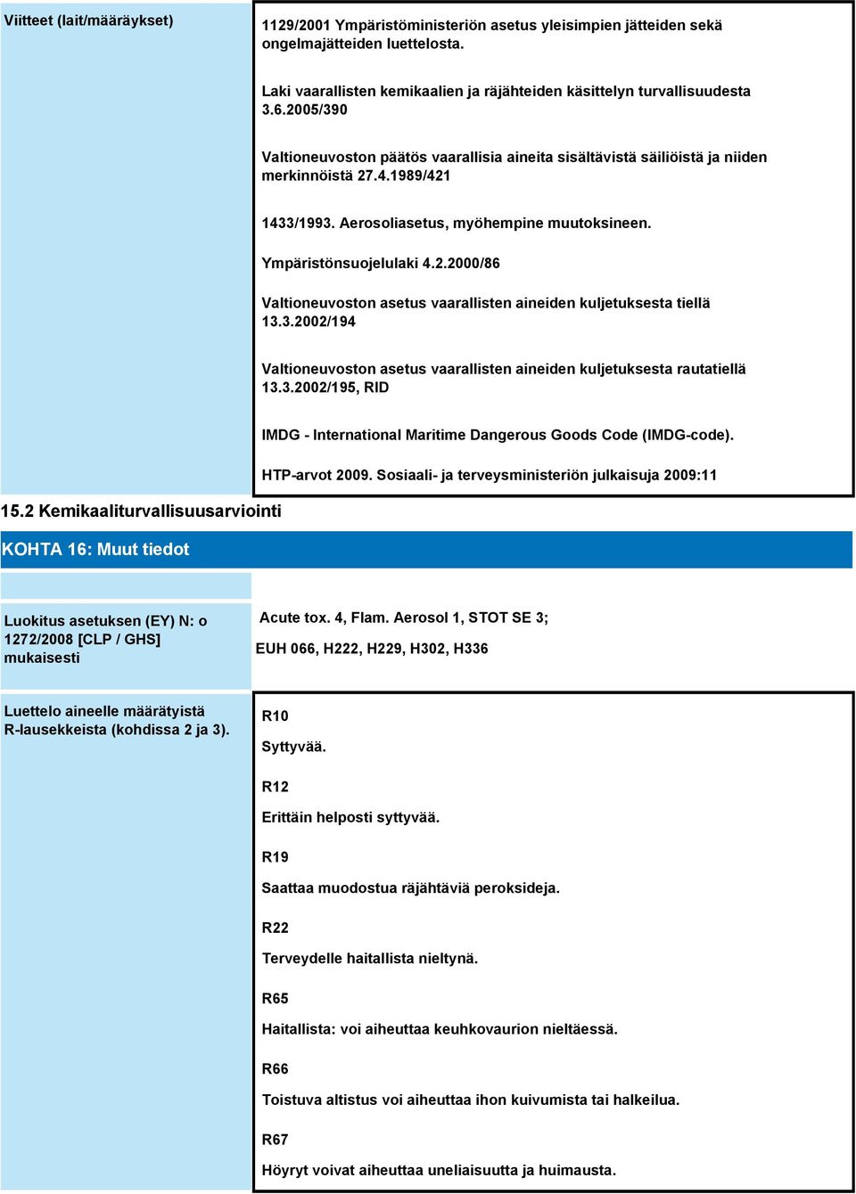 3.2002/194 Valtioneuvoston asetus vaarallisten aineiden kuljetuksesta rautatiellä 13.3.2002/195, RID IMDG - International Maritime Dangerous Goods Code (IMDG-code). HTP-arvot 2009.