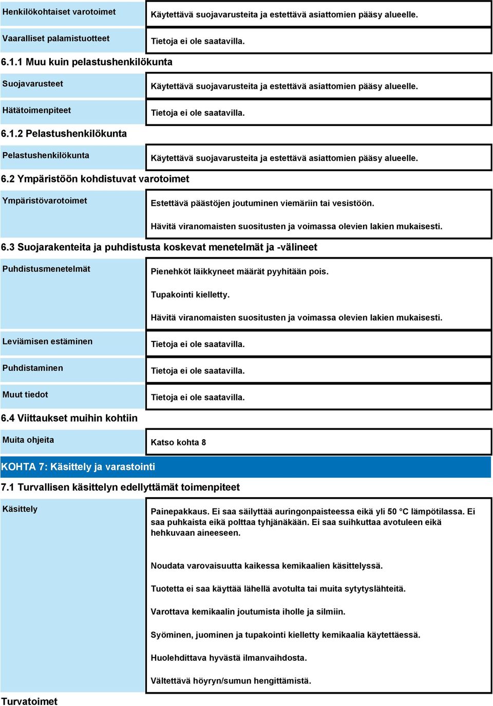 6.2 Ympäristöön kohdistuvat varotoimet Ympäristövarotoimet Estettävä päästöjen joutuminen viemäriin tai vesistöön. Hävitä viranomaisten suositusten ja voimassa olevien lakien mukaisesti. 6.