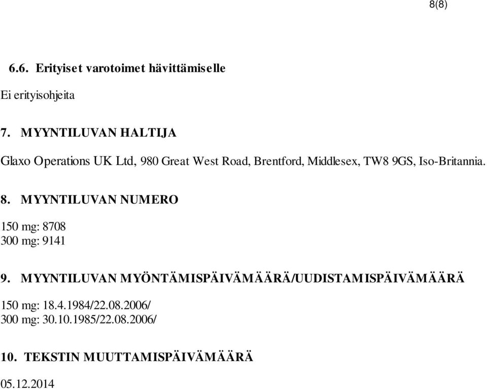 Iso-Britannia. 8. MYYNTILUVAN NUMERO 150 mg: 8708 300 mg: 9141 9.
