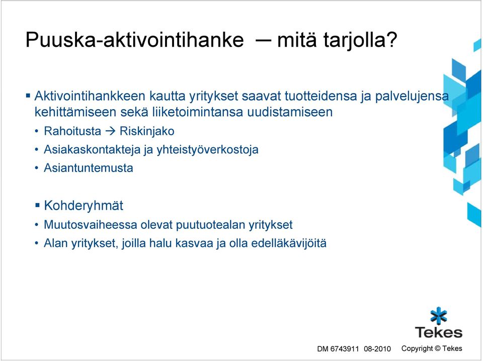 liiketoimintansa uudistamiseen Rahoitusta Riskinjako Asiakaskontakteja ja yhteistyöverkostoja