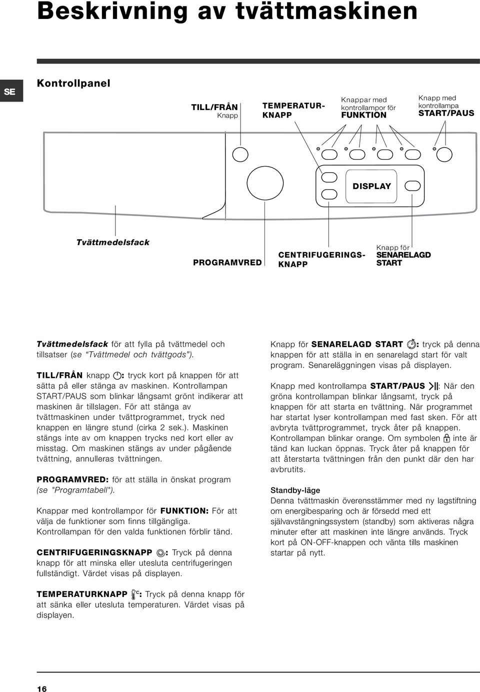 TILL/FRÅN knapp : tryck kort på knappen för att sätta på eller stänga av maskinen. Kontrollampan START/PAUS som blinkar långsamt grönt indikerar att maskinen är tillslagen.