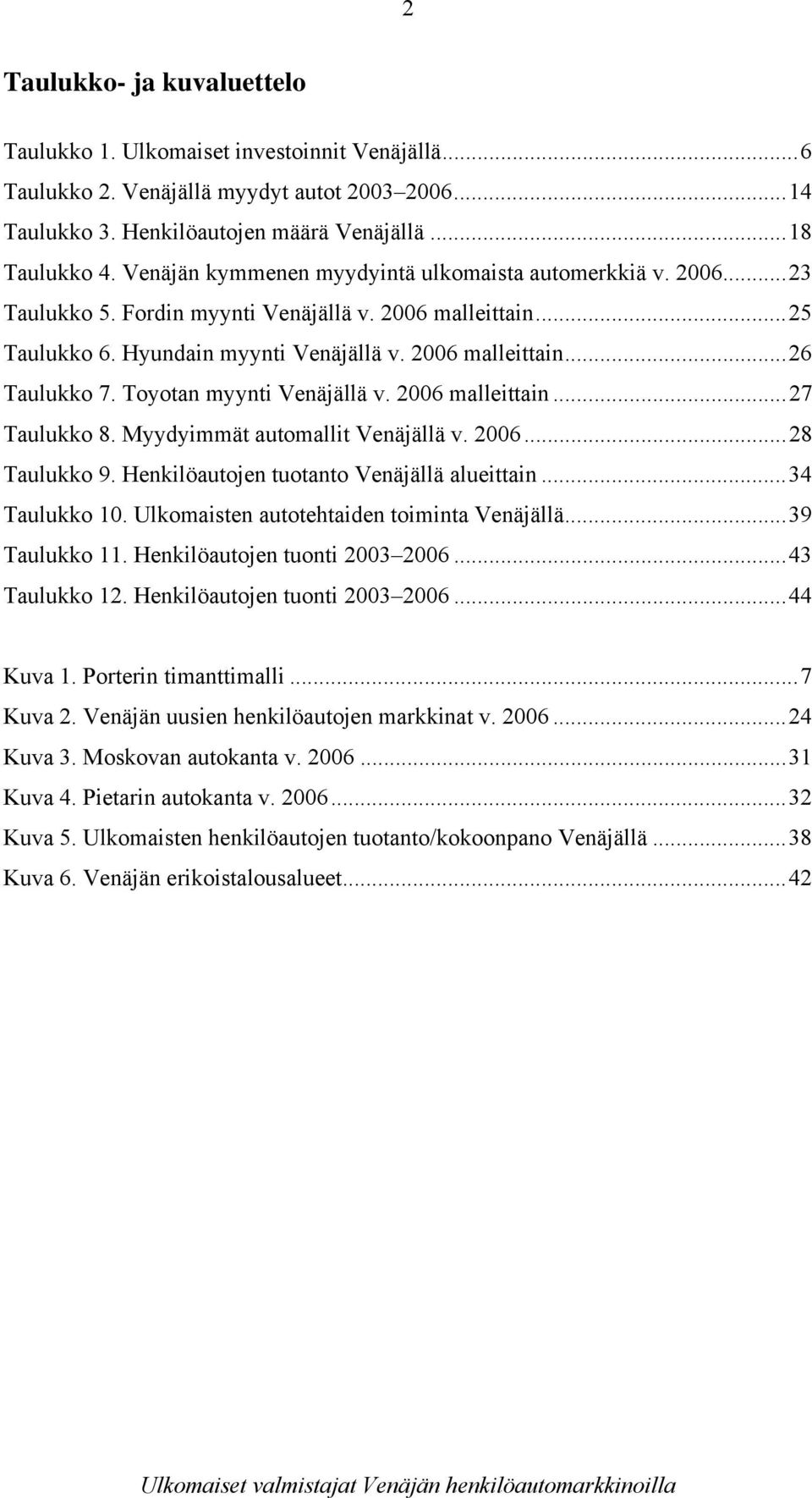 Toyotan myynti Venäjällä v. 2006 malleittain...27 Taulukko 8. Myydyimmät automallit Venäjällä v. 2006...28 Taulukko 9. Henkilöautojen tuotanto Venäjällä alueittain...34 Taulukko 10.