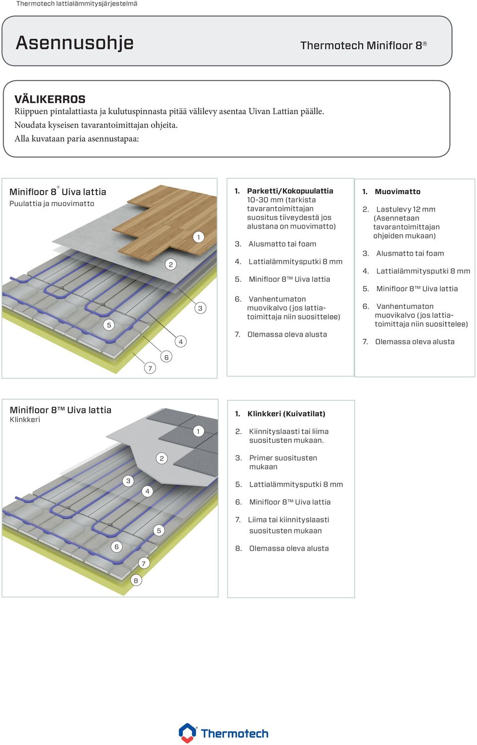 Alusmatto tai foam 4. Lattialämmitysputki 8 mm 5. Minifloor 8 Uiva lattia 6. Vanhentumaton muovikalvo (jos lattiatoimittaja niin suosittelee). Muovimatto.