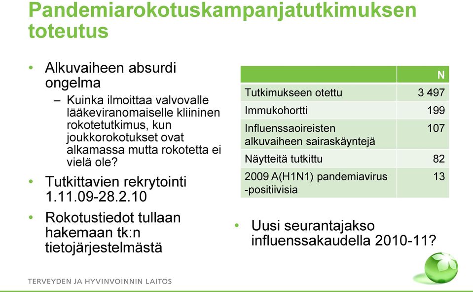 .2.10 Rokotustiedot tullaan hakemaan tk:n tietojärjestelmästä Tutkimukseen otettu 3 497 Immukohortti 199 Influenssaoireisten