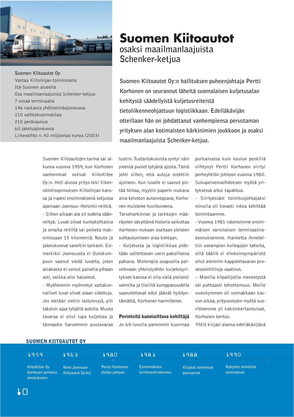 40 miljoonaa euroa (2003) Suomen Kiitoautot Oy:n hallituksen puheenjohtaja Pertti Korhonen on seurannut läheltä suomalaisen kuljetusalan kehitystä säädellyistä kuljetusreiteistä