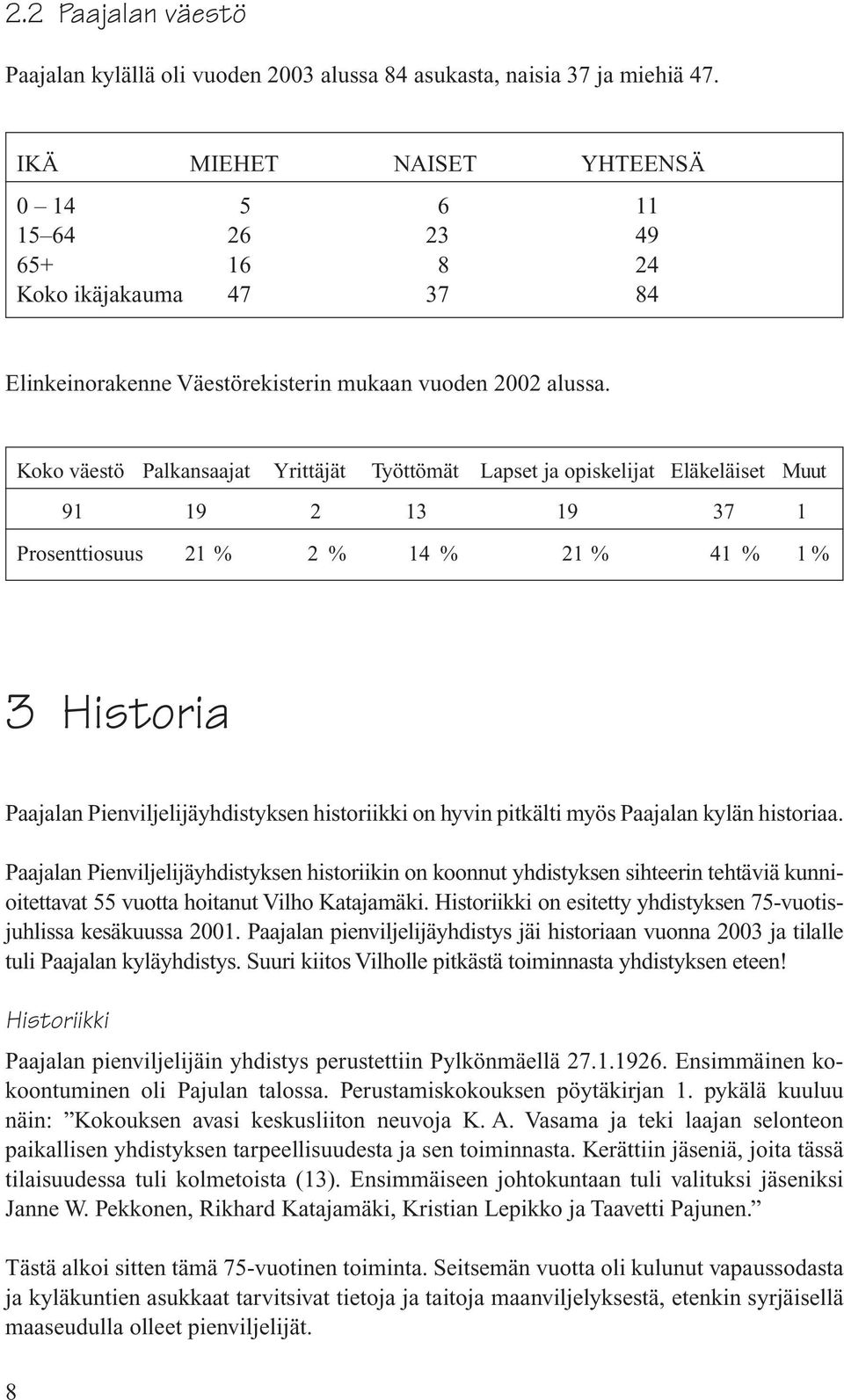 Koko väestö Palkansaajat Yrittäjät Työttömät Lapset ja opiskelijat Eläkeläiset Muut 91 19 2 13 19 37 1 Prosenttiosuus 21 % 2 % 14 % 21 % 41 % 1 % 3 Historia Paajalan Pienviljelijäyhdistyksen