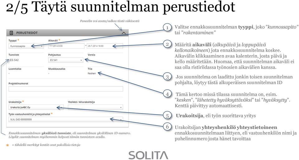 = tähdellä merkityt kentät ovat pakollisia tietoja 2 3 4 5 6 Määritä aikaväli (alkupäivä ja loppupäivä kellonaikoineen) jota ennakkosuunnitelma koskee.