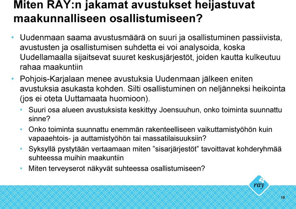 kulkeutuu rahaa maakuntiin Pohjois-Karjalaan menee avustuksia Uudenmaan jälkeen eniten avustuksia asukasta kohden. Silti osallistuminen on neljänneksi heikointa (jos ei oteta Uuttamaata huomioon).