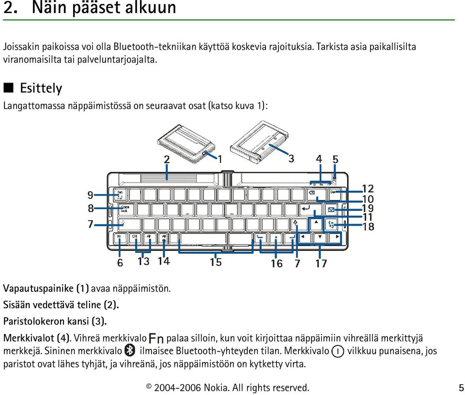 Esittely Langattomassa näppäimistössä on seuraavat osat (katso kuva 1): Vapautuspainike (1) avaa näppäimistön. Sisään vedettävä teline (2).