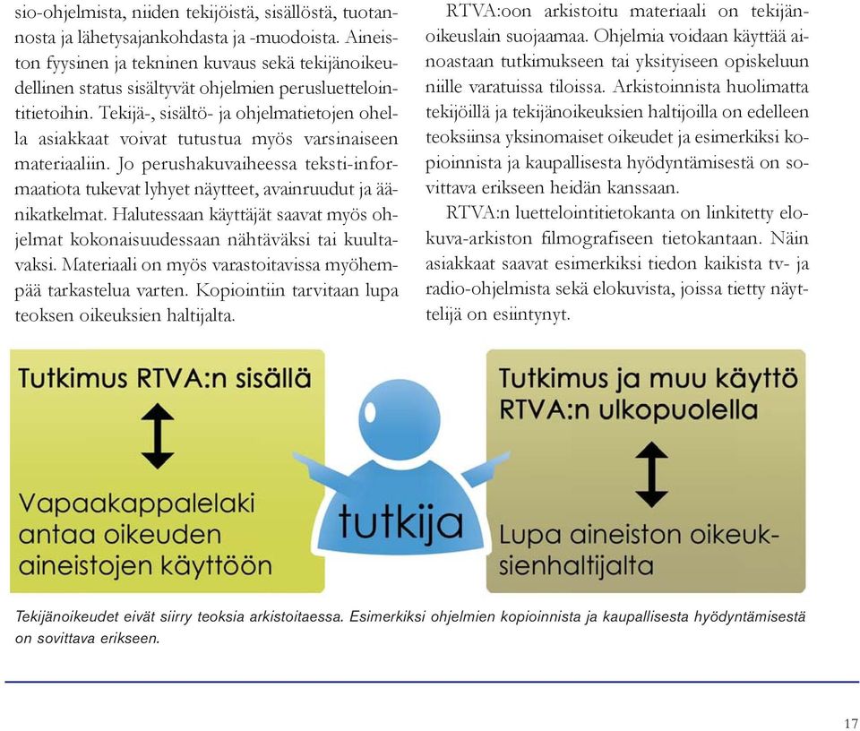 Tekijä-, sisältö- ja ohjelmatietojen ohella asiakkaat voivat tutustua myös varsinaiseen materiaaliin. Jo perushakuvaiheessa teksti-informaatiota tukevat lyhyet näytteet, avainruudut ja äänikatkelmat.