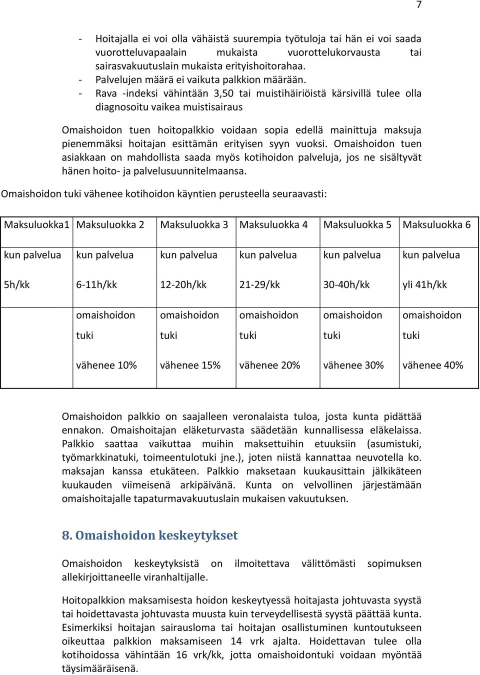 - Rava -indeksi vähintään 3,50 tai muistihäiriöistä kärsivillä tulee olla diagnosoitu vaikea muistisairaus Omaishoidon tuen hoitopalkkio voidaan sopia edellä mainittuja maksuja pienemmäksi hoitajan