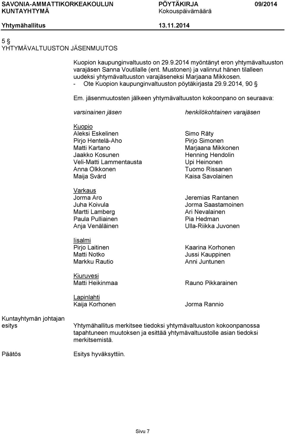 jäsenmuutosten jälkeen yhtymävaltuuston kokoonpano on seuraava: varsinainen jäsen Kuopio Aleksi Eskelinen Pirjo Hentelä-Aho Matti Kartano Jaakko Kosunen Veli-Matti Lammentausta Anna Olkkonen Maija