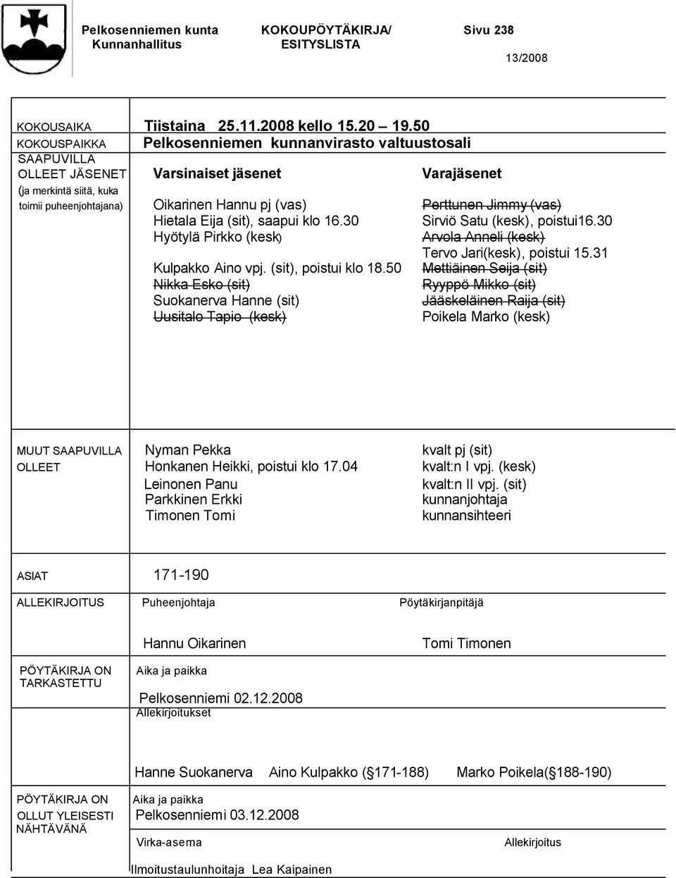 Perttunen Jimmy (vas) Hietala Eija (sit), saapui klo 16.30 Sirviö Satu (kesk), poistui16.30 Hyötylä Pirkko (kesk) Arvola Anneli (kesk) Tervo Jari(kesk), poistui 15.31 Kulpakko Aino vpj.