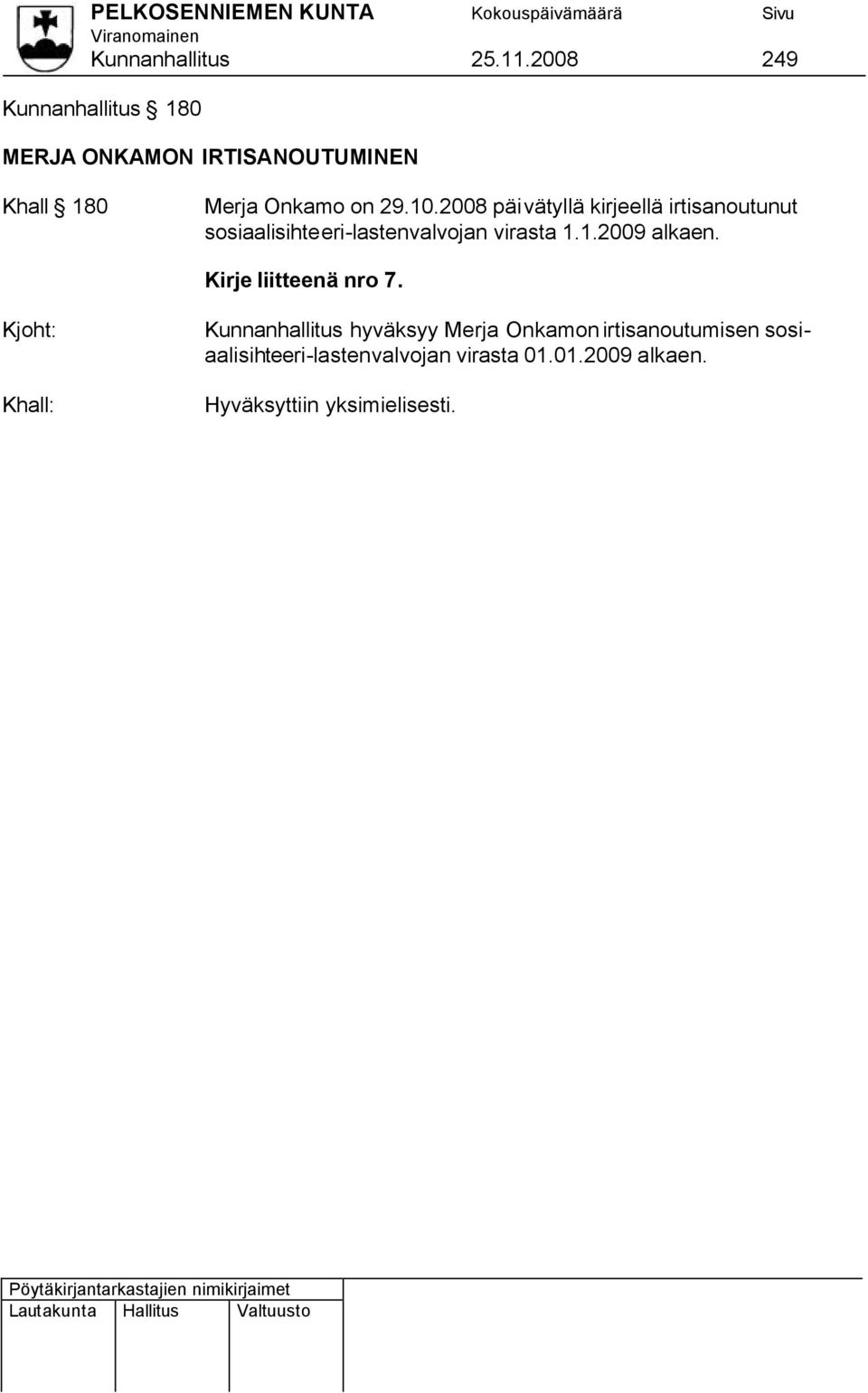 2008 päivätyllä kirjeellä irtisanoutunut sosiaalisihteeri-lastenvalvojan virasta 1.