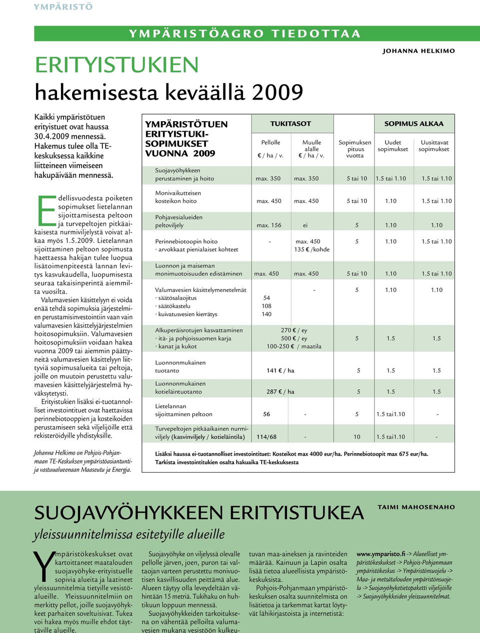 Muulle alalle / ha / v. Sopimuksen pituus vuotta JOHANNA HELKIMO Sopimus alkaa Uudet sopimukset Uusittavat sopimukset Suojavyöhykkeen perustaminen ja hoito max. 350 max. 350 5 tai 10