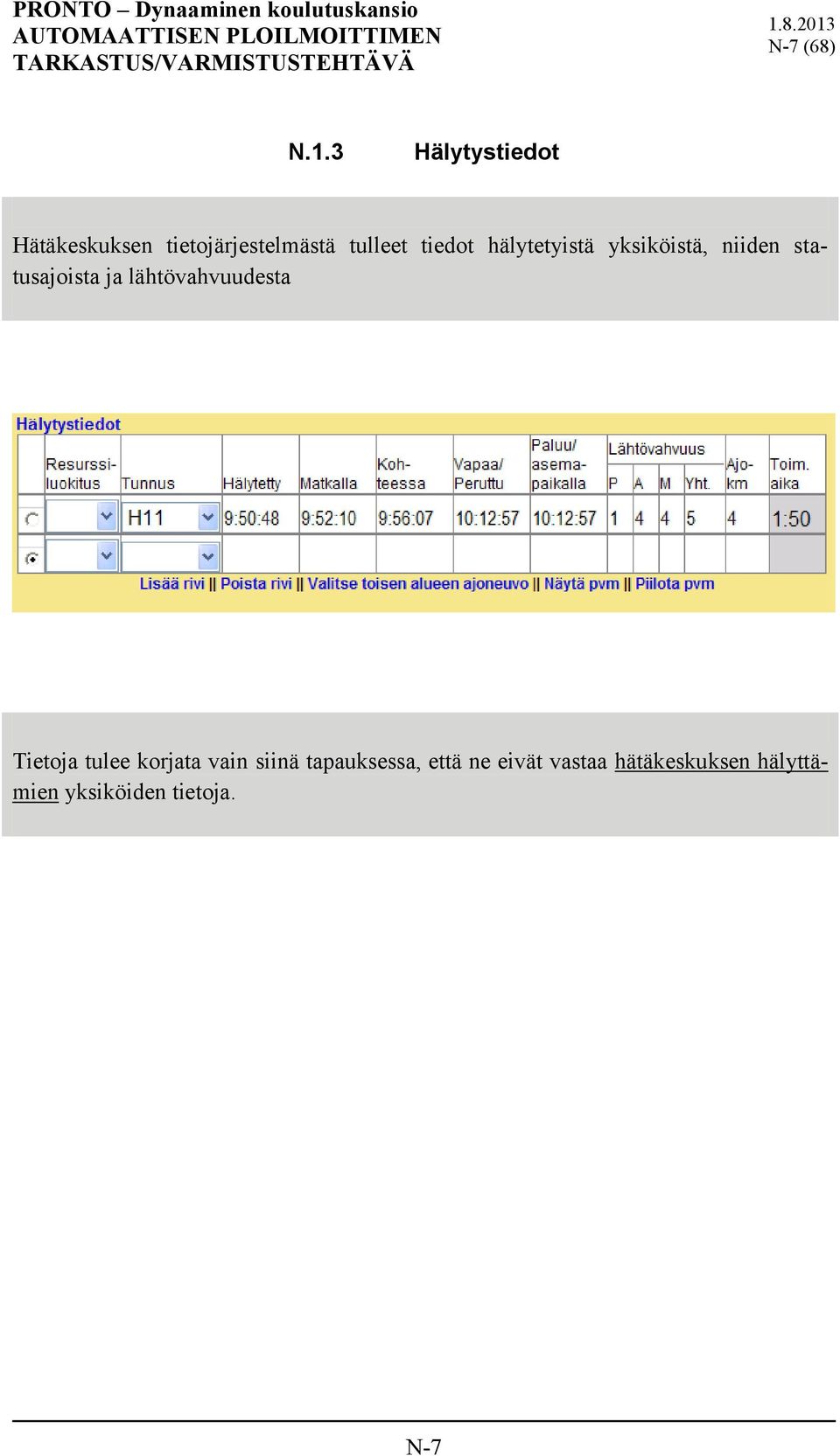 hälytetyistä yksiköistä, niiden statusajoista ja