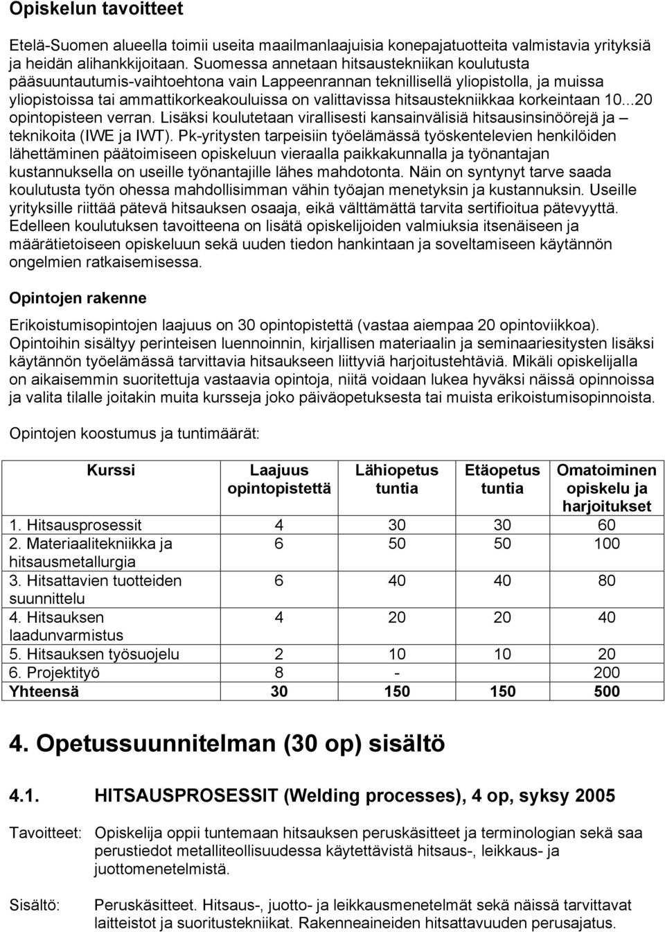 hitsaustekniikkaa korkeintaan 10...20 opintopisteen verran. Lisäksi koulutetaan virallisesti kansainvälisiä hitsausinsinöörejä ja teknikoita (IWE ja IWT).