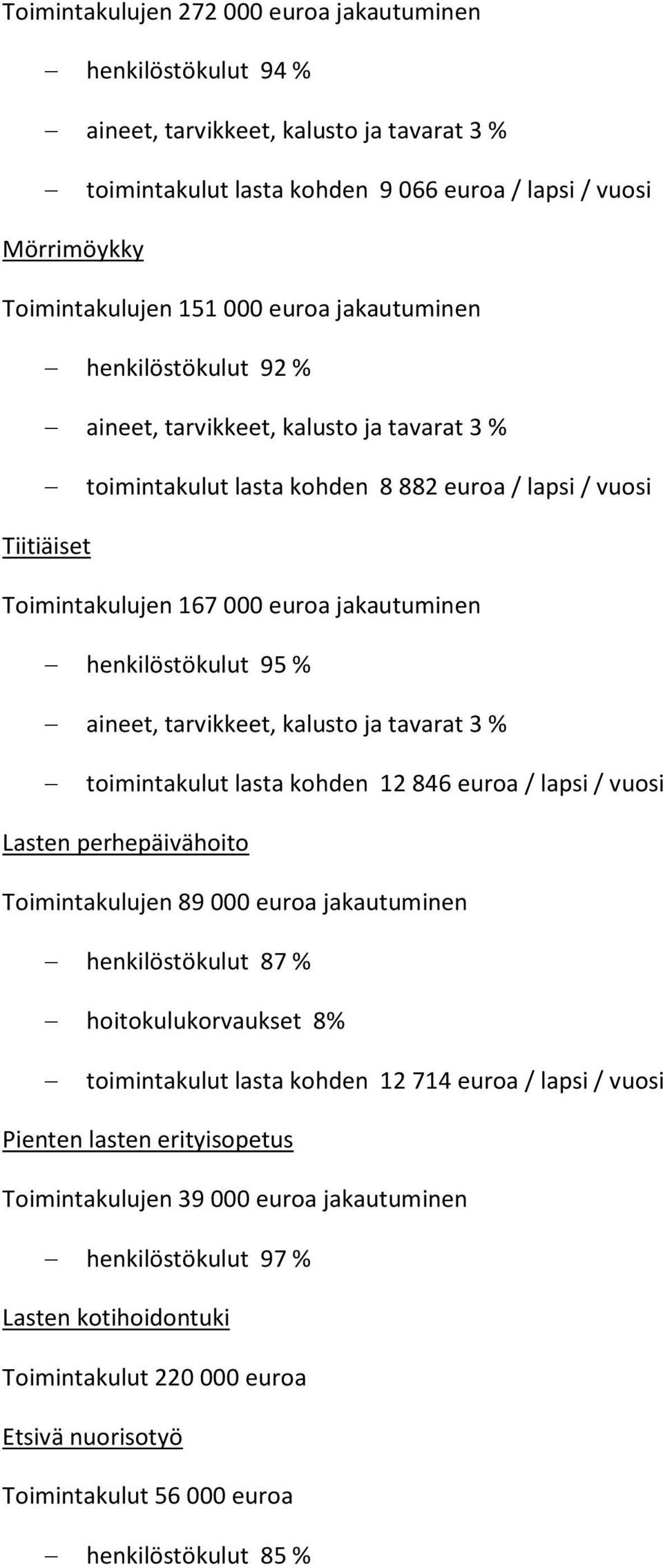 henkilöstökulut 95 % aineet, tarvikkeet, kalusto ja tavarat 3 % toimintakulut lasta kohden 12 846 euroa / lapsi / vuosi Lasten perhepäivähoito Toimintakulujen 89 000 euroa jakautuminen