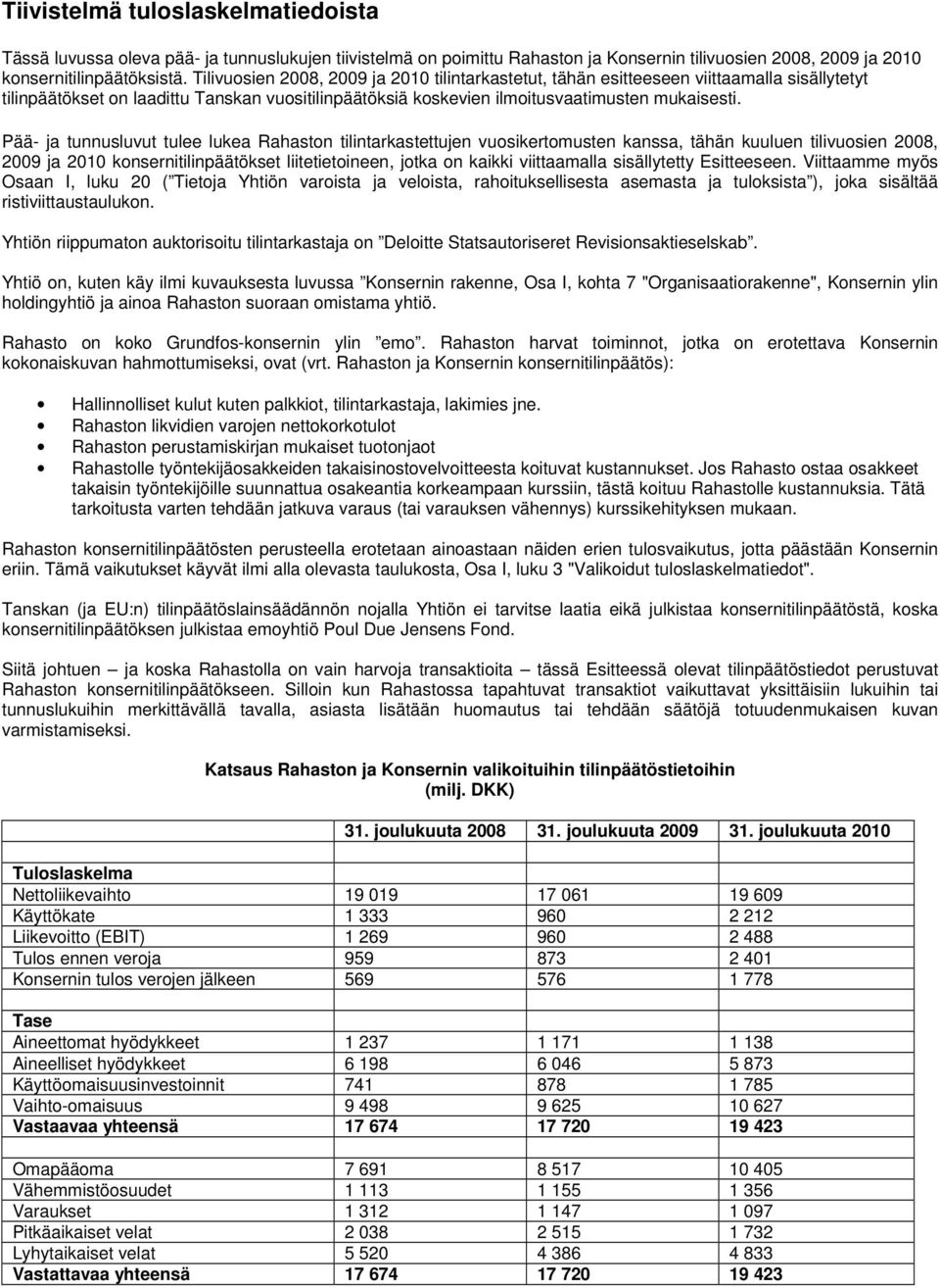 Pää- ja tunnusluvut tulee lukea Rahaston tilintarkastettujen vuosikertomusten kanssa, tähän kuuluen tilivuosien 2008, 2009 ja 2010 konsernitilinpäätökset liitetietoineen, jotka on kaikki viittaamalla