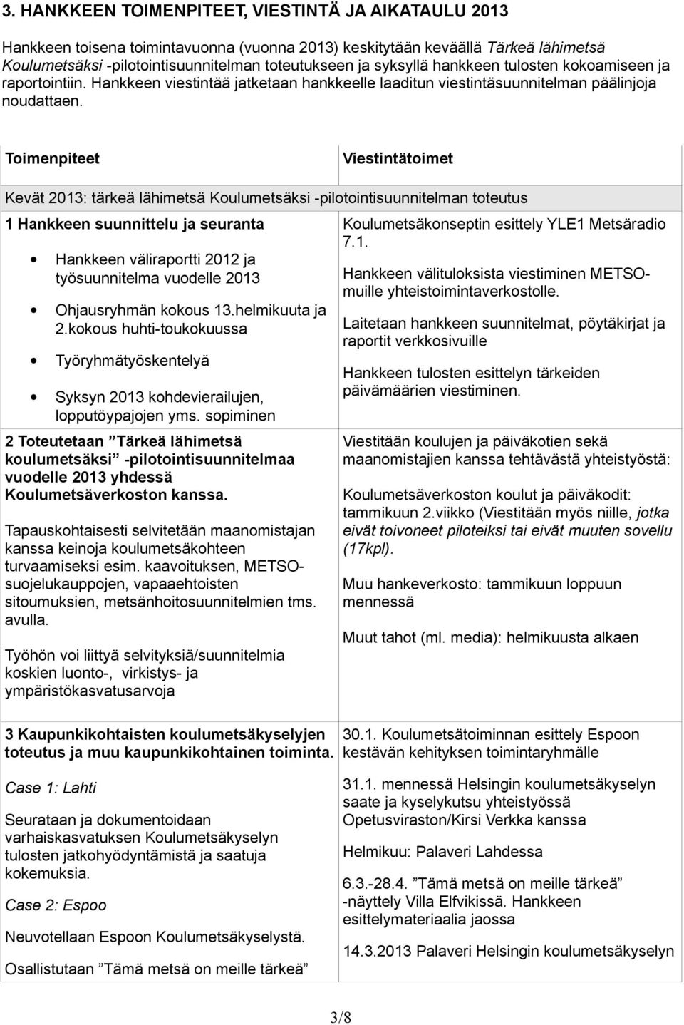 Toimenpiteet Viestintätoimet Kevät 2013: tärkeä lähimetsä Koulumetsäksi -pilotointisuunnitelman toteutus 1 Hankkeen suunnittelu ja seuranta Hankkeen väliraportti 2012 ja työsuunnitelma vuodelle 2013
