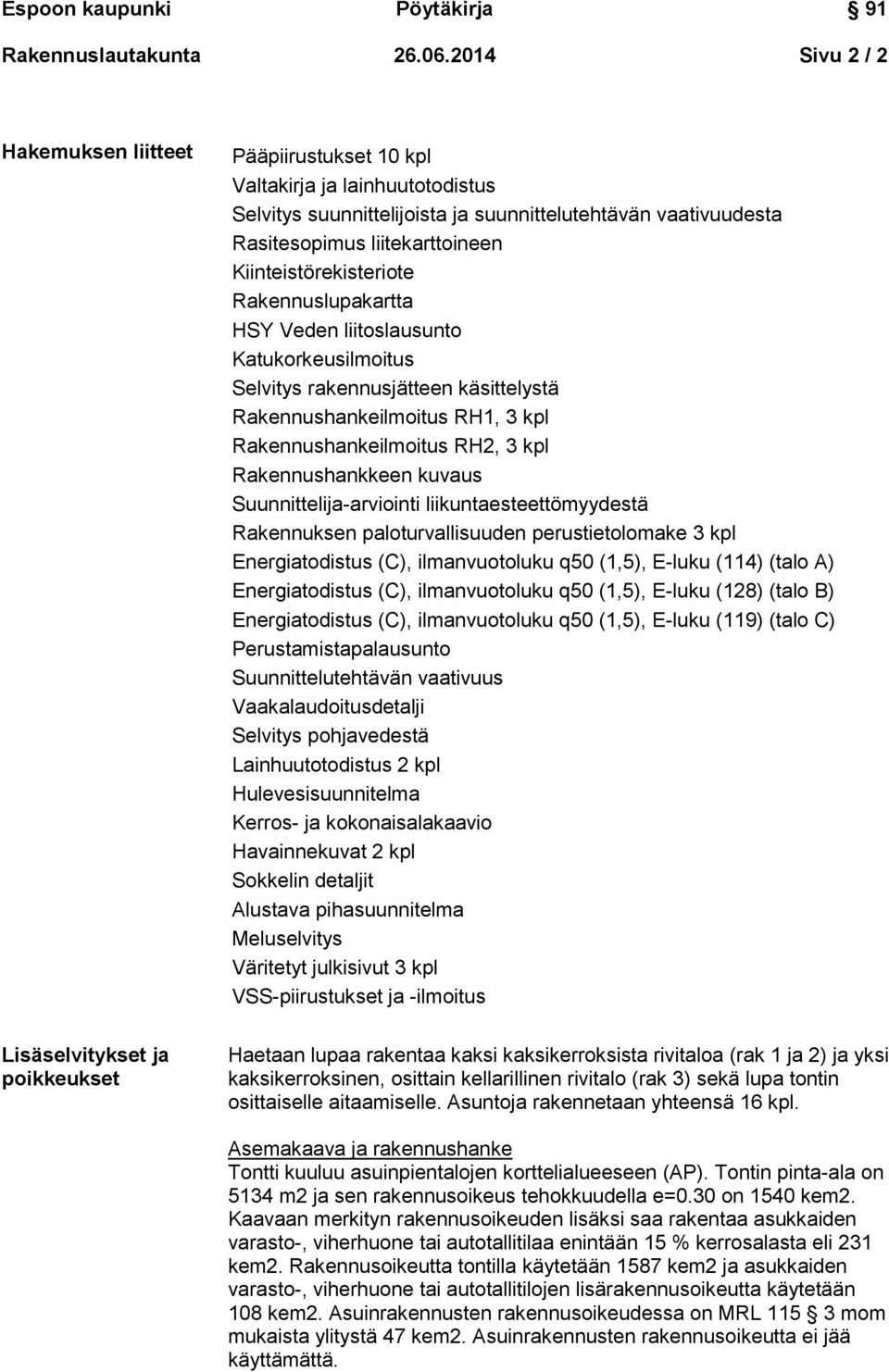 liitekarttoineen Kiinteistörekisteriote Rakennuslupakartta HSY Veden liitoslausunto Katukorkeusilmoitus Selvitys rakennusjätteen käsittelystä Rakennushankeilmoitus RH1, 3 kpl Rakennushankeilmoitus